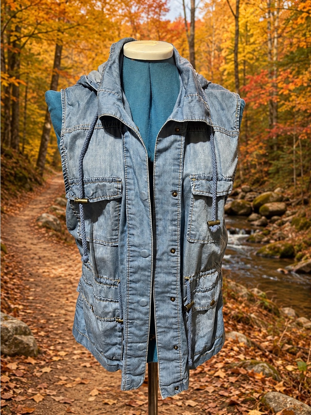 Women’s Light Blue Denim Utility Vest - Sleeveless Jacket By Love Tree